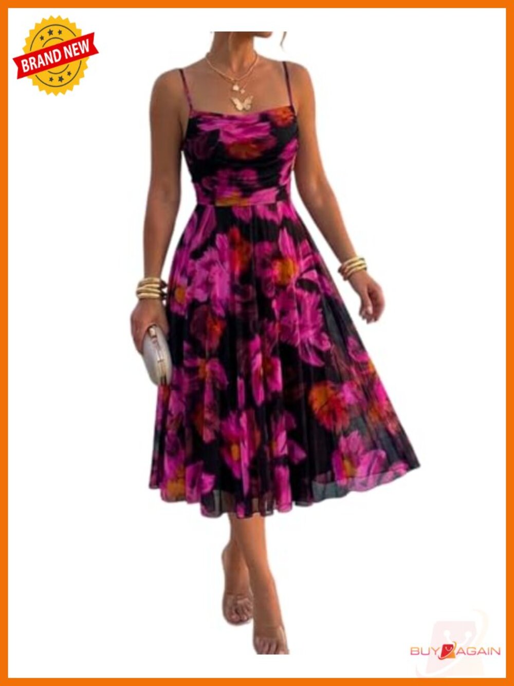 Floral Mesh Midi Dress Cowl Neck Sleeveless Cocktail Party